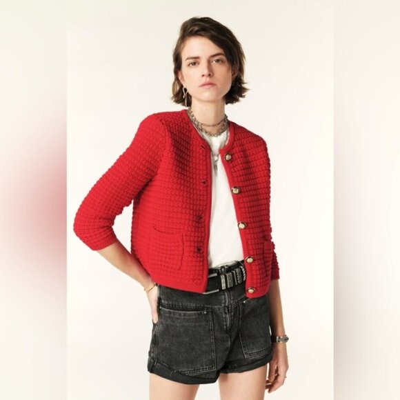 NEW Ba&sh Bash Gaspard  Tweed Cardigan Jacket in Red | size 2 / M - Picture 5 of 14